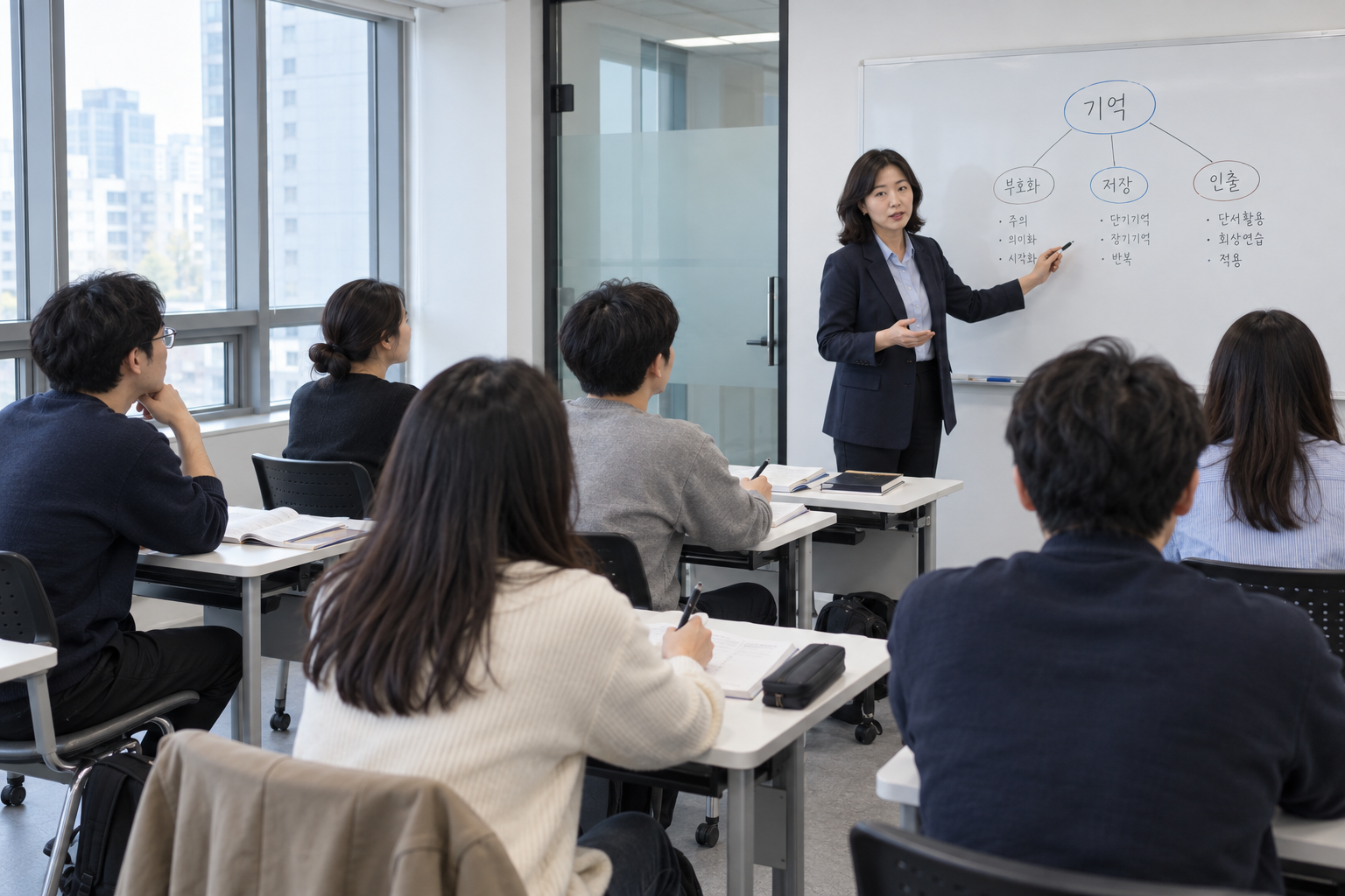 학원에서 소그룹 수업을 진행하는 AI 연출 사진
