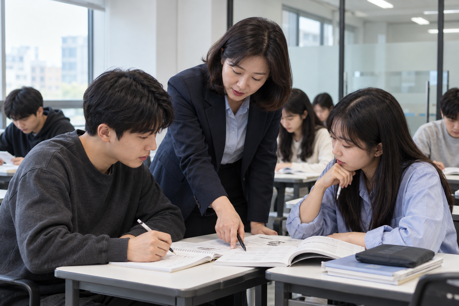 교재를 함께 살펴보는 강사와 두 학습자의 AI 연출 사진