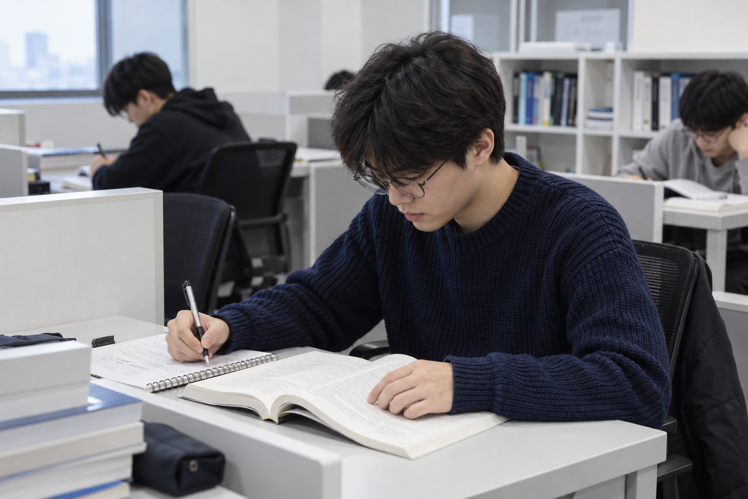 학원에서 책을 읽으며 필기하는 성인 학습자의 AI 연출 사진